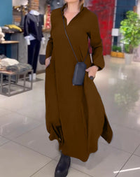 Rosina | Women's Stand Collar Long Sleeve Pockets Elegant Dress in Brown