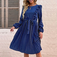 Rosina | Women's Long Sleeve Belted Elegant Dress in Dark Blue