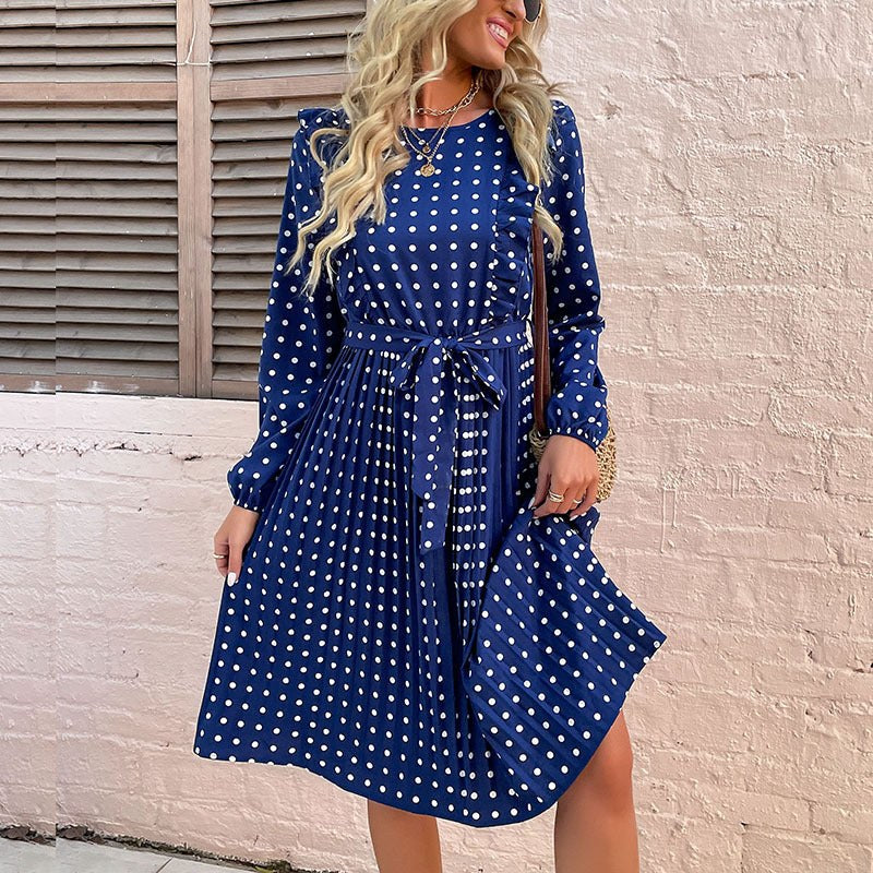 Rosina | Women's Long Sleeve Belted Elegant Dress in Dark Blue