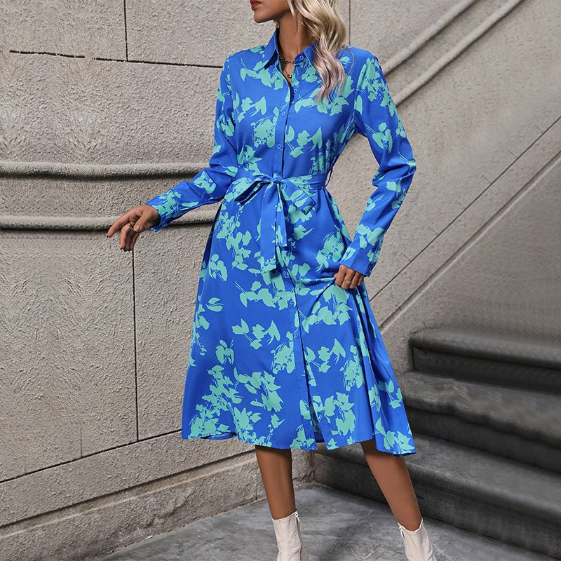 Rowena | Women's Long Sleeve Belted Floral Elegant Maxi Dress in Blue