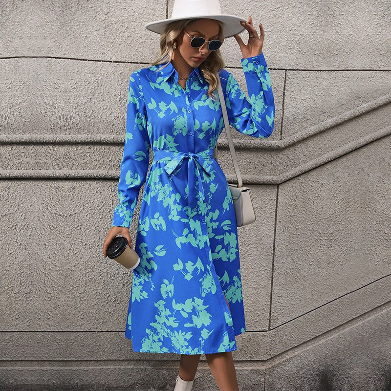 Rowena | Women's Long Sleeve Belted Floral Elegant Maxi Dress in Blue