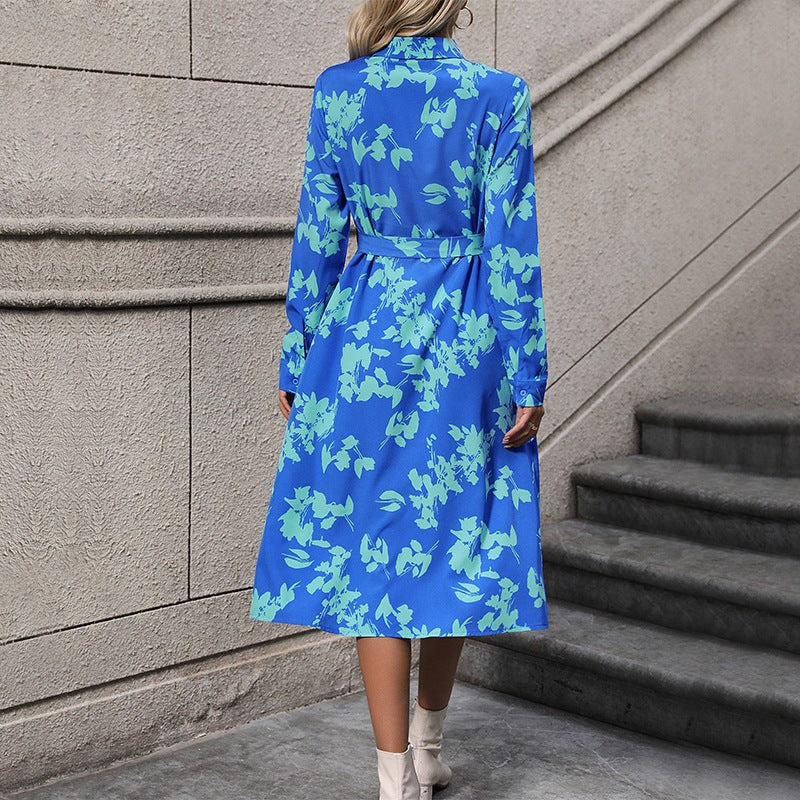 Rowena | Women's Long Sleeve Belted Floral Elegant Maxi Dress in Blue