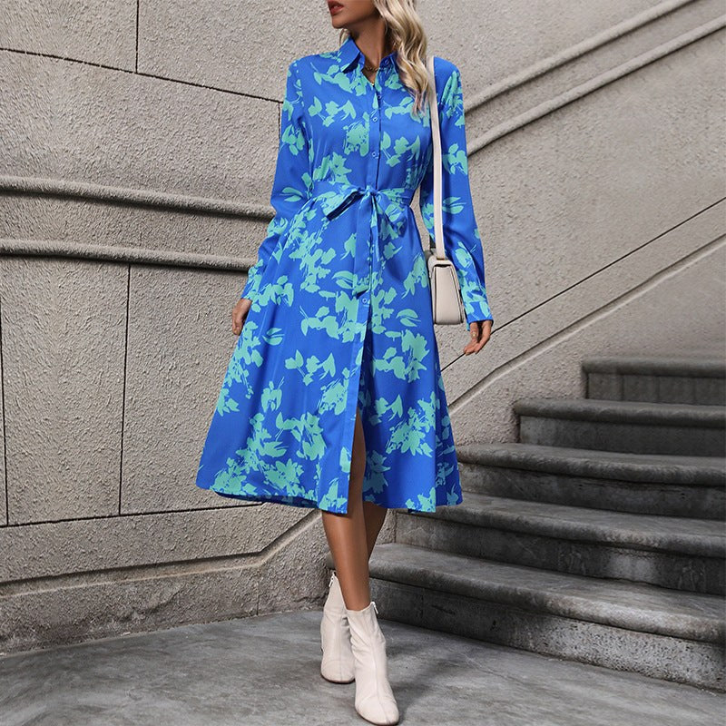 Rowena | Women's Long Sleeve Belted Floral Elegant Maxi Dress in Blue