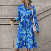Rowena | Women's Long Sleeve Belted Floral Elegant Maxi Dress in Blue