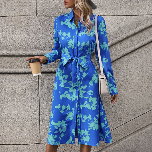 Rowena | Women's Long Sleeve Belted Floral Elegant Maxi Dress in Blue