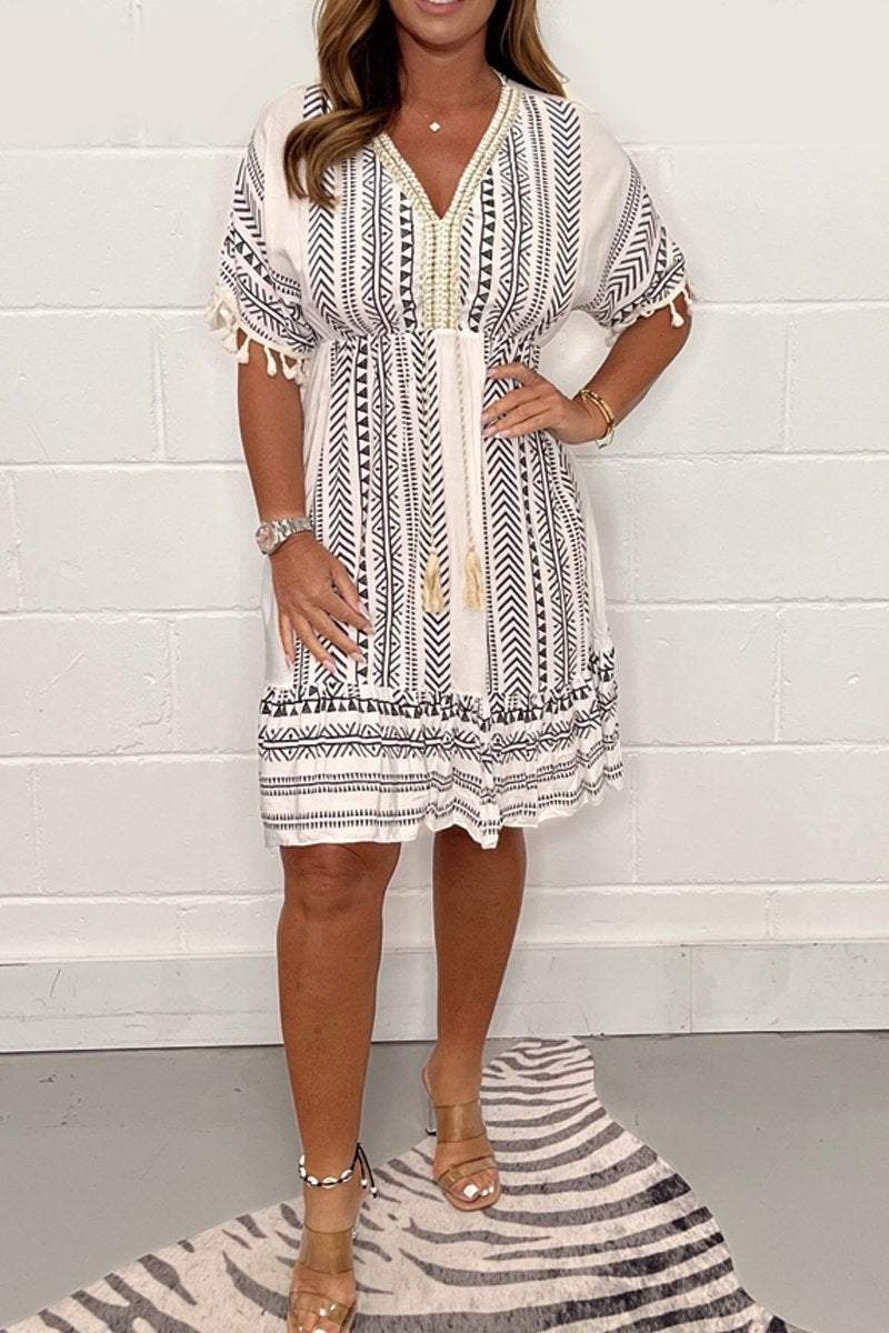 Rowena | Women's Printed Boho Mini Dress in Gray