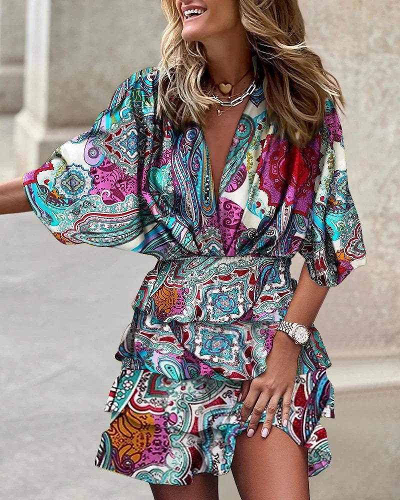 Roxane | Women's Ruffled Boho Mini Dress in Blue