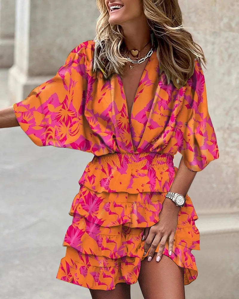 Roxane | Women's Ruffled Boho Mini Dress in Orange