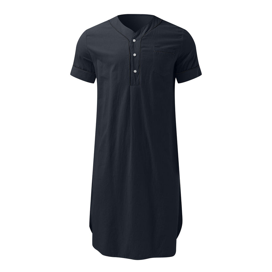 Ruby | Women's Button-Front Stand Collar Short Sleeve Modern Dress in Dark Blue