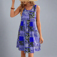 Ruby | Women's Sleeveless Printed Boho Mini Dress in Blue