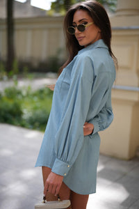 Rufina | Women's Button Detail Long Sleeve Elegant Fashionable Blouse in Light Blue