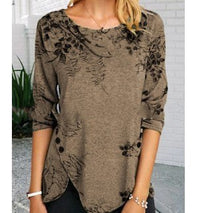 Runa | Women's Asymmetric Long Sleeve Floral Top in Khaki