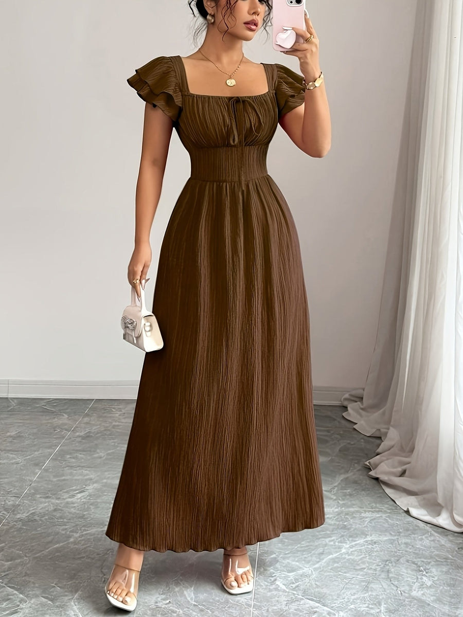 Ruth | Women's A-Line Square Neck Brown Maxi Dress