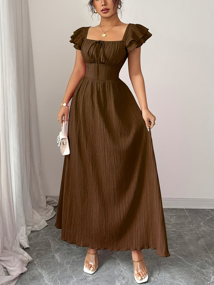 Ruth | Women's A-Line Square Neck Brown Maxi Dress