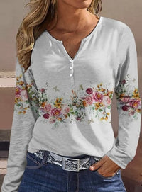 Sabina | Women's Button Detail Long Sleeve Floral Top in Gray