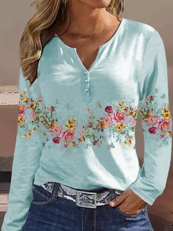 Sabina | Women's Button Detail Long Sleeve Floral Top in Light Blue
