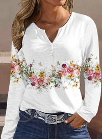 Sabina | Women's Button Detail Long Sleeve Floral Top in White