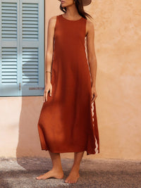 Sabrina | Women's Striped Side Slit Midi Sundress in Brown