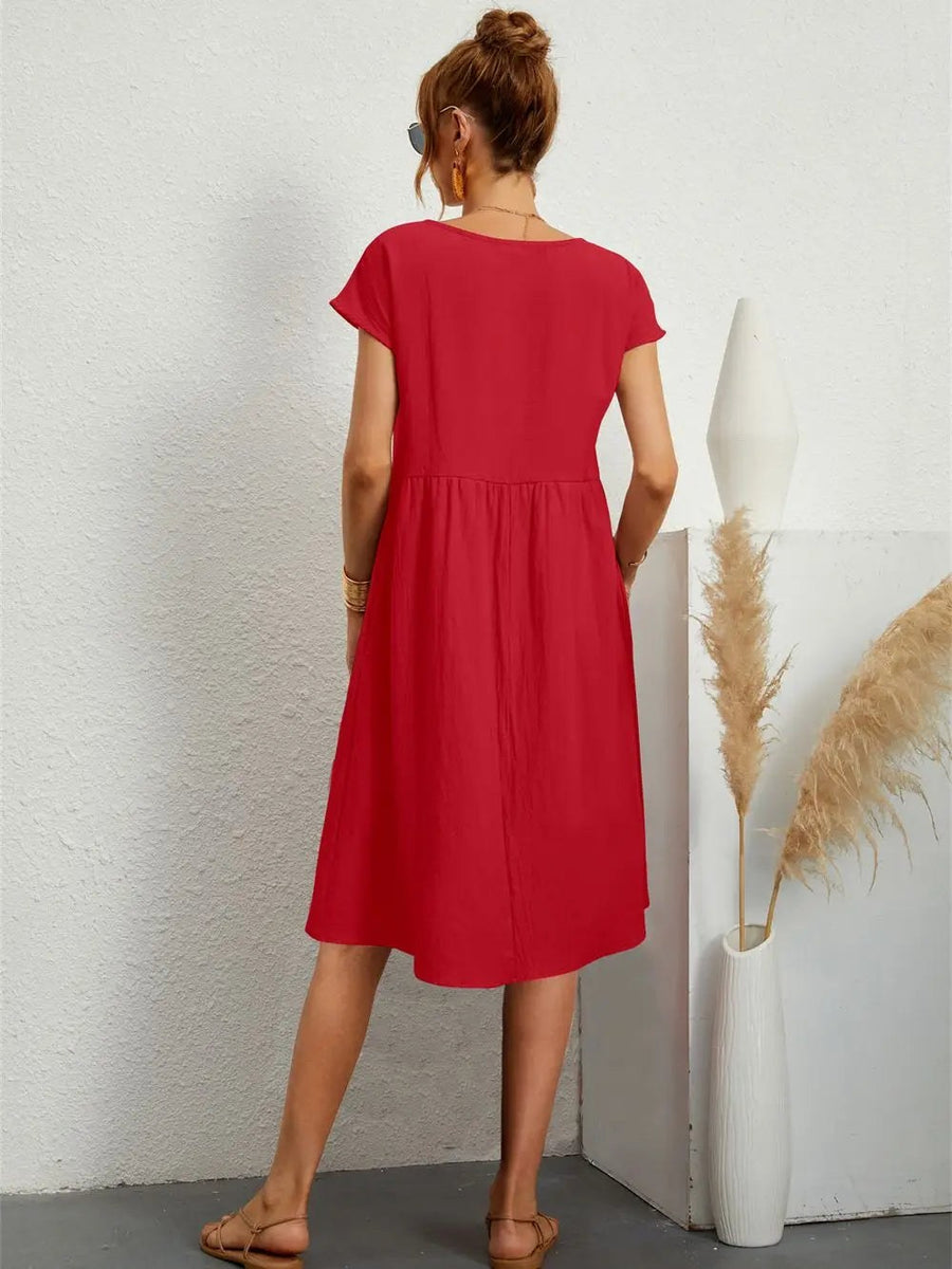 Saffron | Women's Short Sleeve Midi with Side Pockets Casual Dress