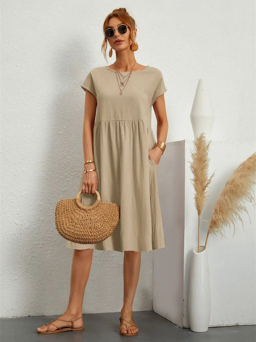 Saffron | Women's Short Sleeve Midi with Side Pockets Casual Dress