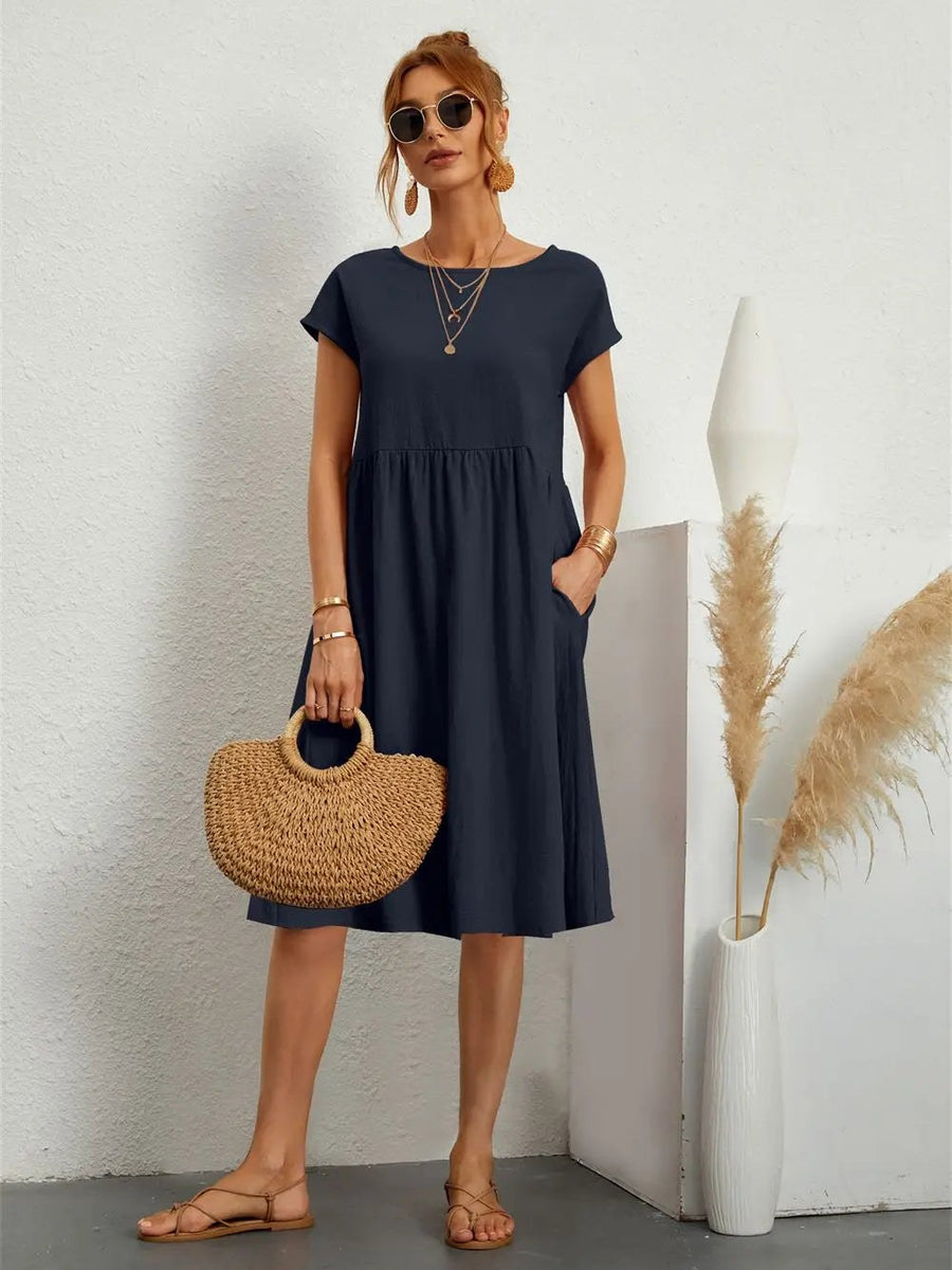 Saffron | Women's Short Sleeve Midi with Side Pockets Casual Dress