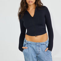Saffron | Women's Zip Stand Collar Top in Black