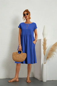 Saffron | Women's Short Sleeve Midi with Side Pockets Casual Dress in Blue