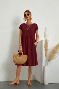 Saffron | Women's Short Sleeve Midi with Side Pockets Casual Dress in Burgundy