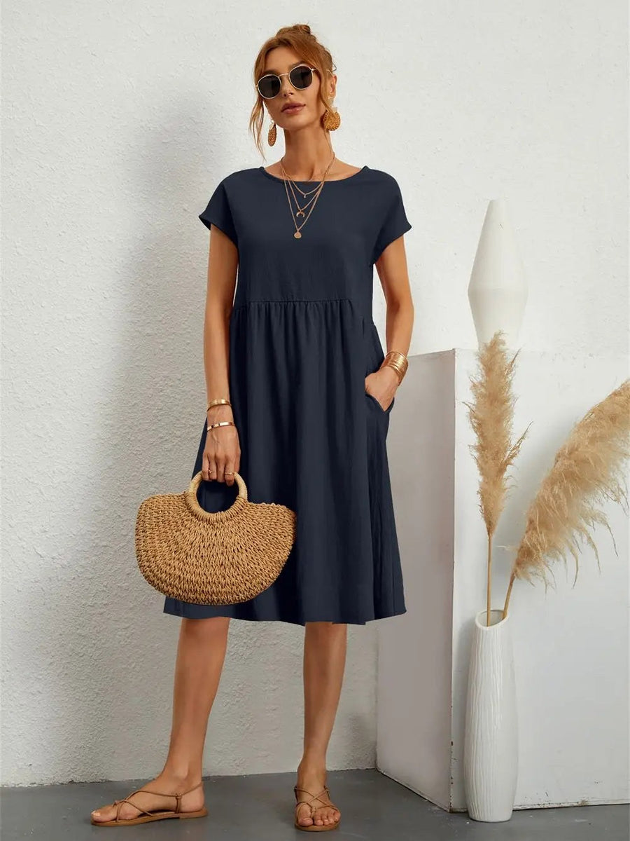 Saffron | Women's Short Sleeve Midi with Side Pockets Casual Dress in Navy Blue