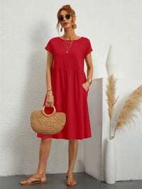 Saffron | Women's Short Sleeve Midi with Side Pockets Casual Dress in Red