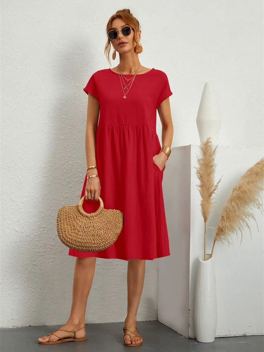 Saffron | Women's Short Sleeve Midi with Side Pockets Casual Dress in Red