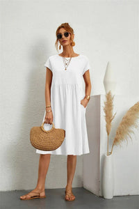 Saffron | Women's Short Sleeve Midi with Side Pockets Casual Dress in White