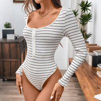 Sage | Women's Button-Front Striped Long Sleeve Top in White