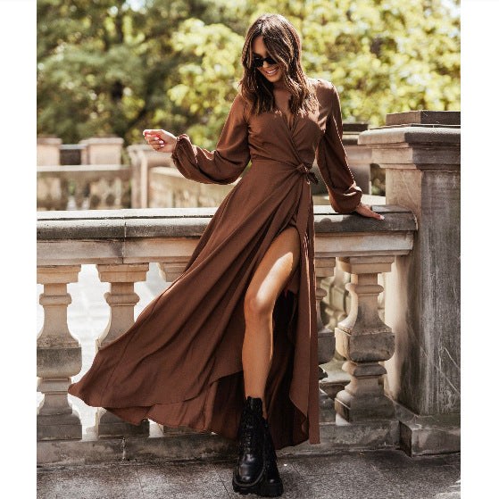 Salome | Women's Ruffle Detail Waist Belt Long Sleeve Belted Maxi Dress