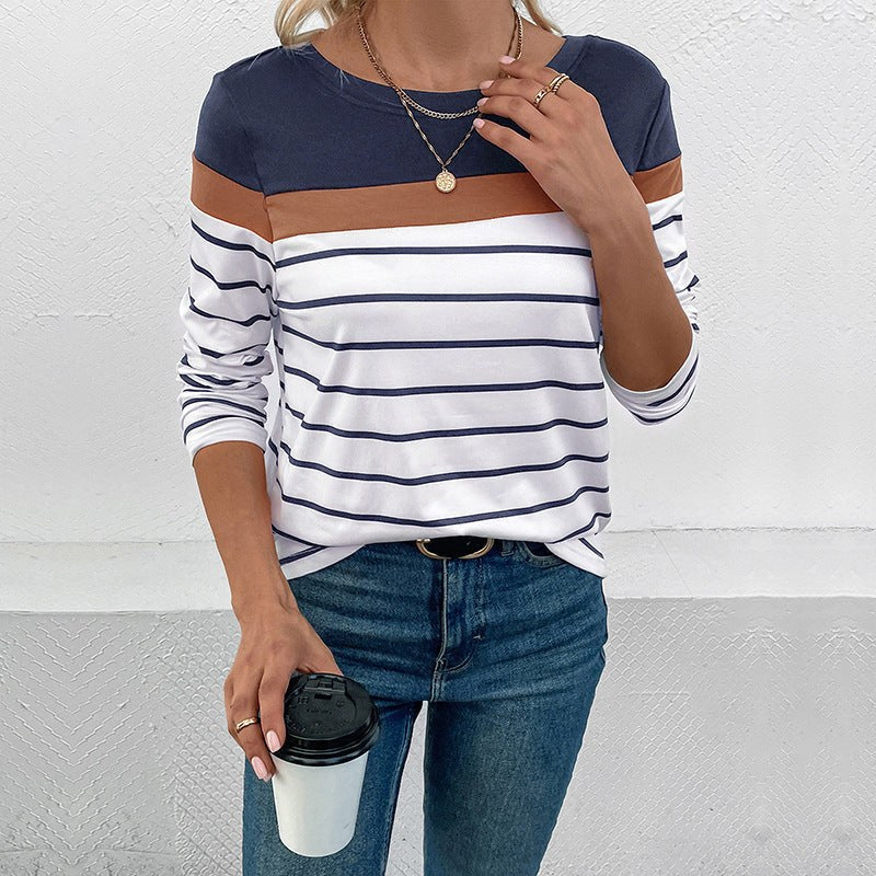 Sandrine | Women's Striped Long Sleeve Fashionable Top in Dark Blue
