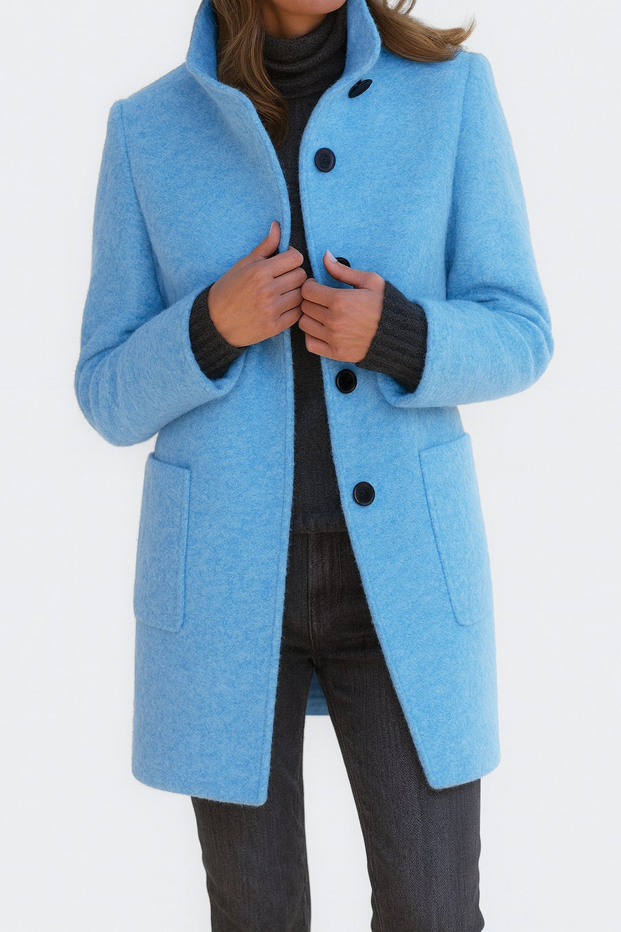 Sandrine | Women's Straight Cut Button Front Coat in Light Blue
