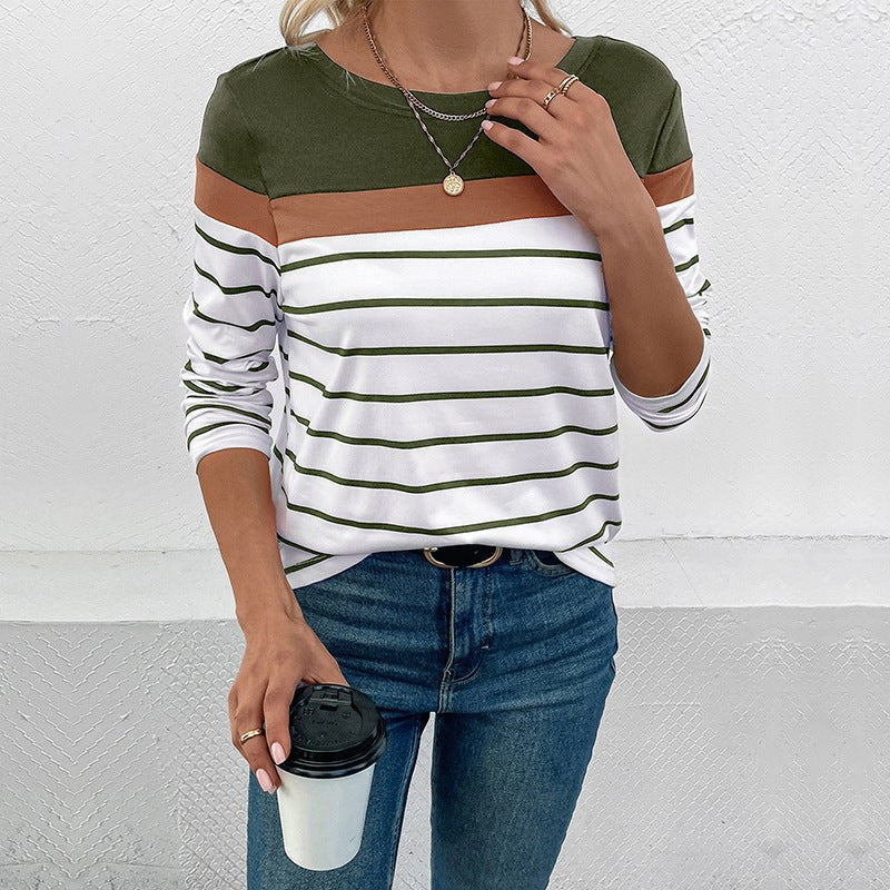 Sandrine | Women's Striped Long Sleeve Fashionable Top in Olive Green
