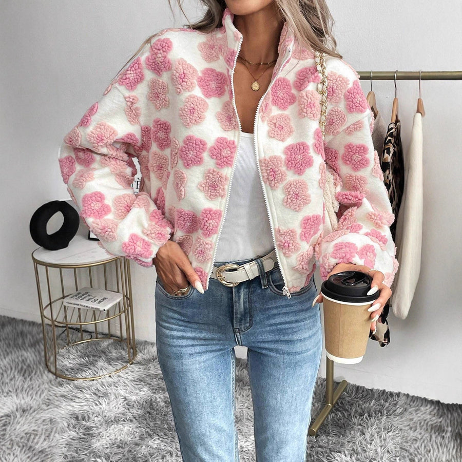 Sandrine | Women's Cozy Floral Fleece Jacket in Pink