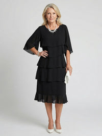 Sanne | Women's Tiered Flutter Sleeve Midi Sundress in Black