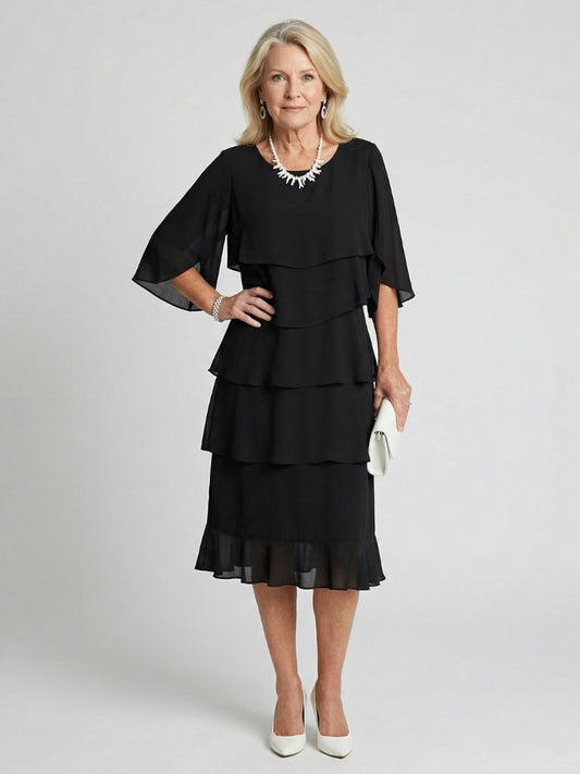 Sanne | Women's Tiered Flutter Sleeve Midi Sundress in Black