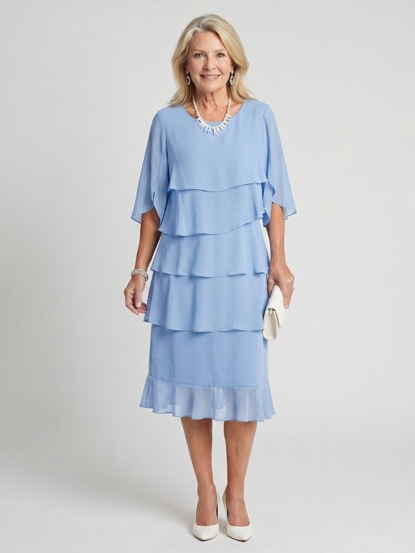 Sanne | Women's Tiered Flutter Sleeve Midi Sundress in Light Blue