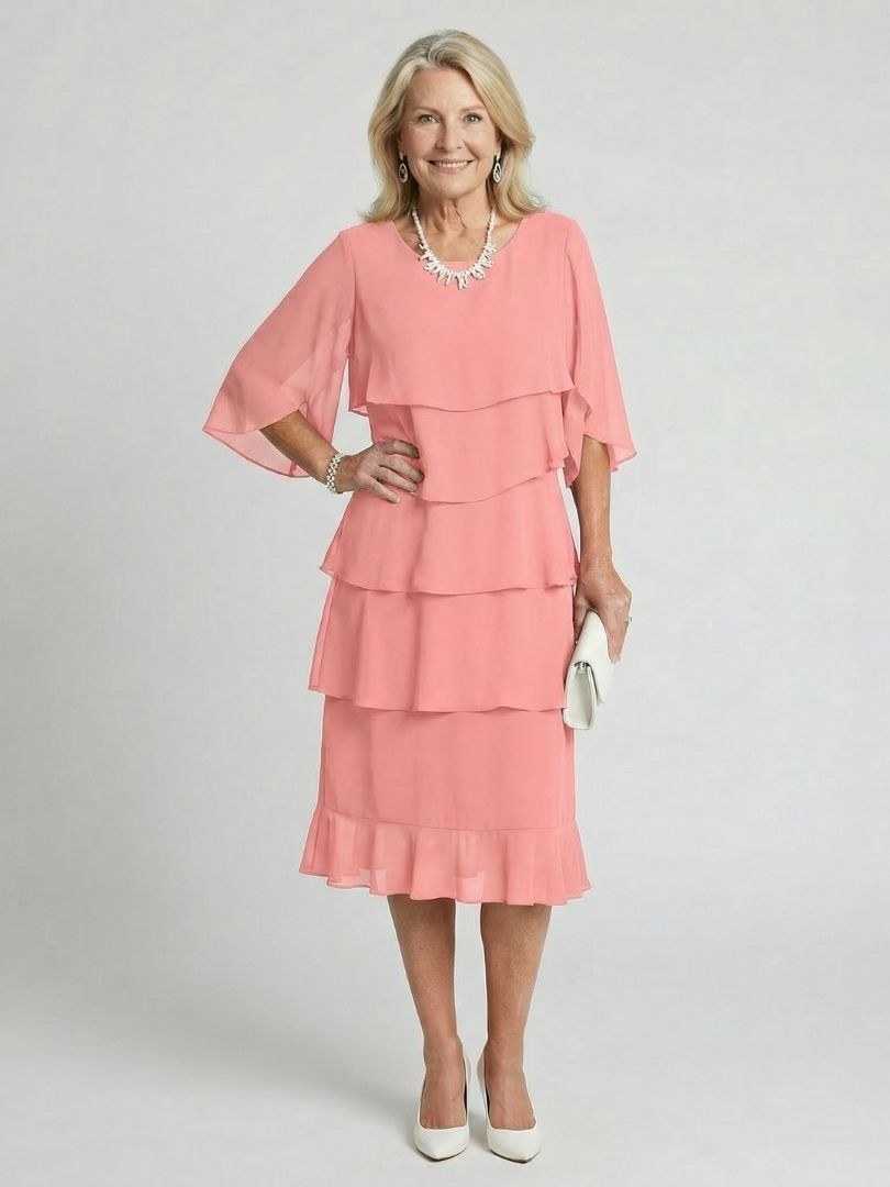 Sanne | Women's Tiered Flutter Sleeve Midi Sundress in Pink