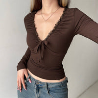 Saskia | Women's Long Sleeve Lace Top in Brown