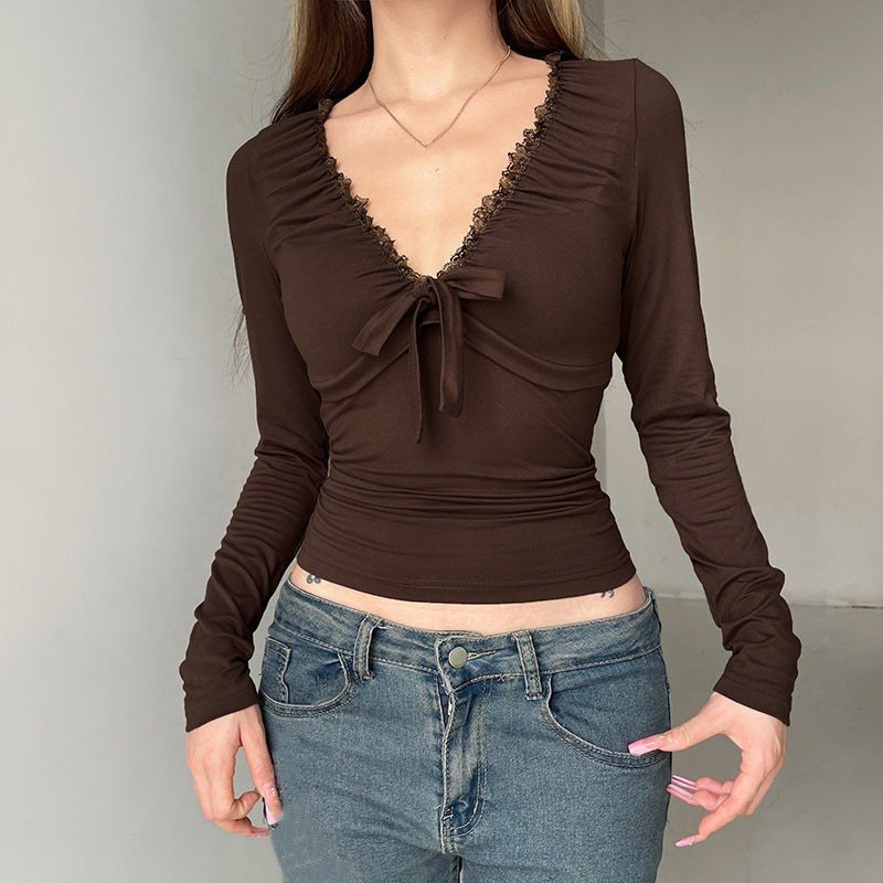 Saskia | Women's Long Sleeve Lace Top in Brown