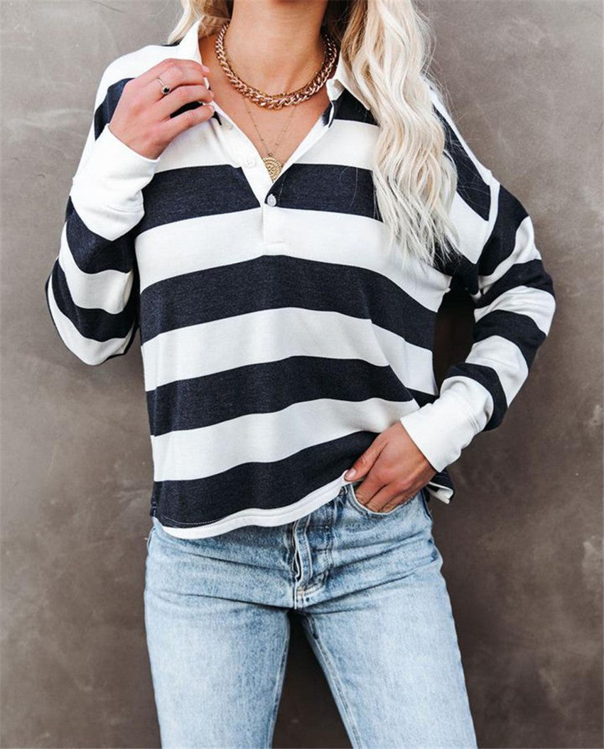 Scholastica | Women's Button-Front Striped Long Sleeve Top in Black