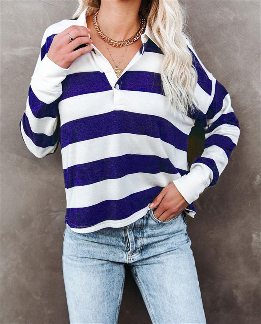 Scholastica | Women's Button-Front Striped Long Sleeve Top in Blue