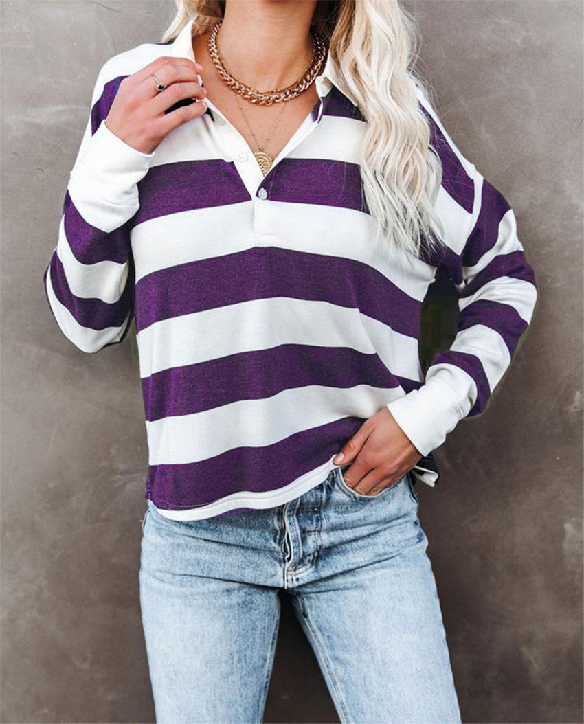 Scholastica | Women's Button-Front Striped Long Sleeve Top in Purple