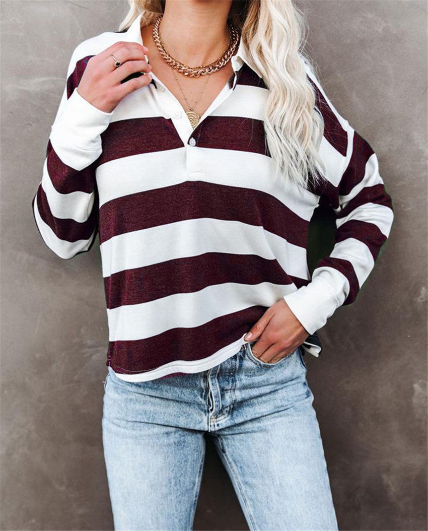 Scholastica | Women's Button-Front Striped Long Sleeve Top in Wine Red