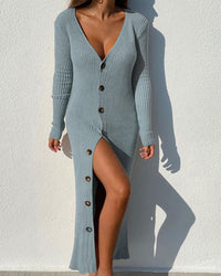 Seraphina | Women's V-Neck Button Detail Knit Dress in Blue