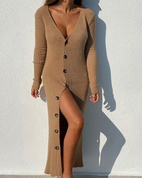 Seraphina | Women's V-Neck Button Detail Knit Dress in Khaki